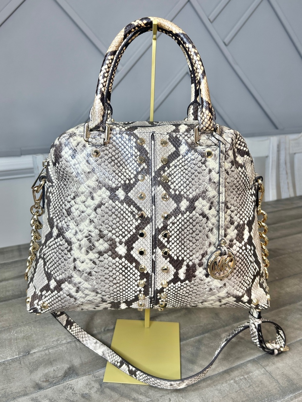 Michael Kors Uptown Astor Python Embossed Leather Studded Satchel Crossbody